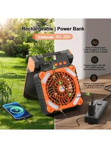 Ventilador solar de 5200mAh, ventilador de camping con panel solar, ventilador portátil para exteriores, linterna LED, ventilador silencioso con batería para picnic, barbacoa, pesca, viaje