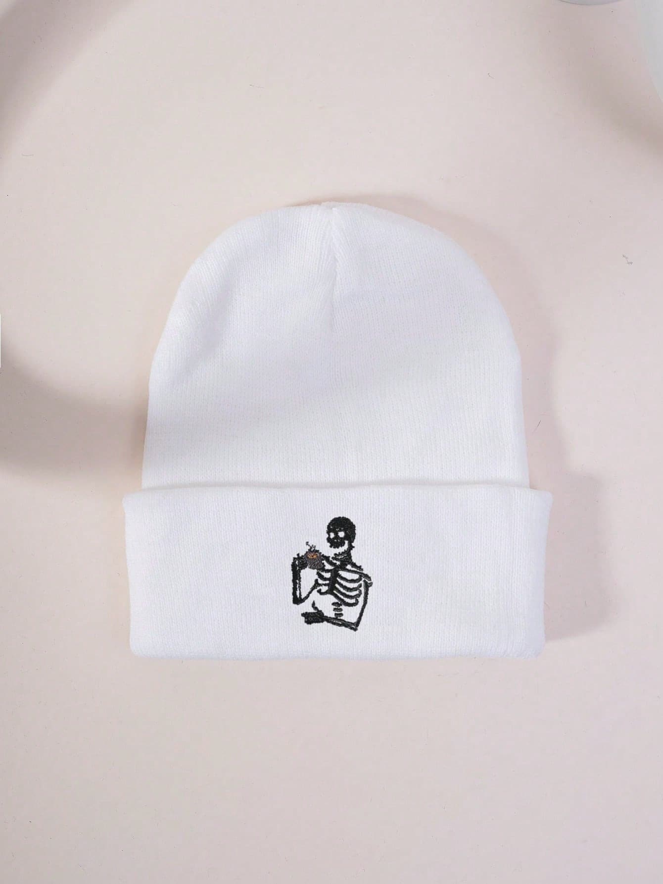 1pc Autumn/Winter Unisex Elastic Knit Hat, Fashionable Street Hip-Hop Style Embroidered Skull Drinking Tea Knit Beanie, Y2K Warm Ski Cap - White - View 1