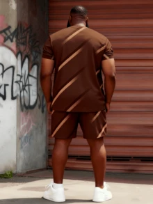 经典棕色条纹印花加大码男士短袖短裤套装，户外运动两件套，日常小标百搭套装，加大码度假装