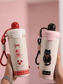 Girls' School Sports Water Bottle - Stainless Steel Double Wall Vacuum Insulated, Leak-Proof Straw Lid, Cute Cartoon Pattern - Multicolor - View 5