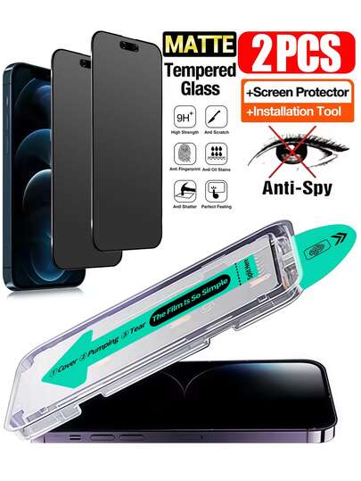 2片装磨砂防窥钢化玻璃屏幕保护膜，带安装工具包和自动对齐工具，兼容 17 Pro Max/17 Air/16 Pro Max/16 Pro/16 Plus/16/15 Pro Max/14 Pro Max/13/12/11系列，全屏覆盖，防指纹，防摔，防刮，9H硬度钢化玻璃，防尘设计，易于安装，防窥，防刮，无气泡，无灰尘。