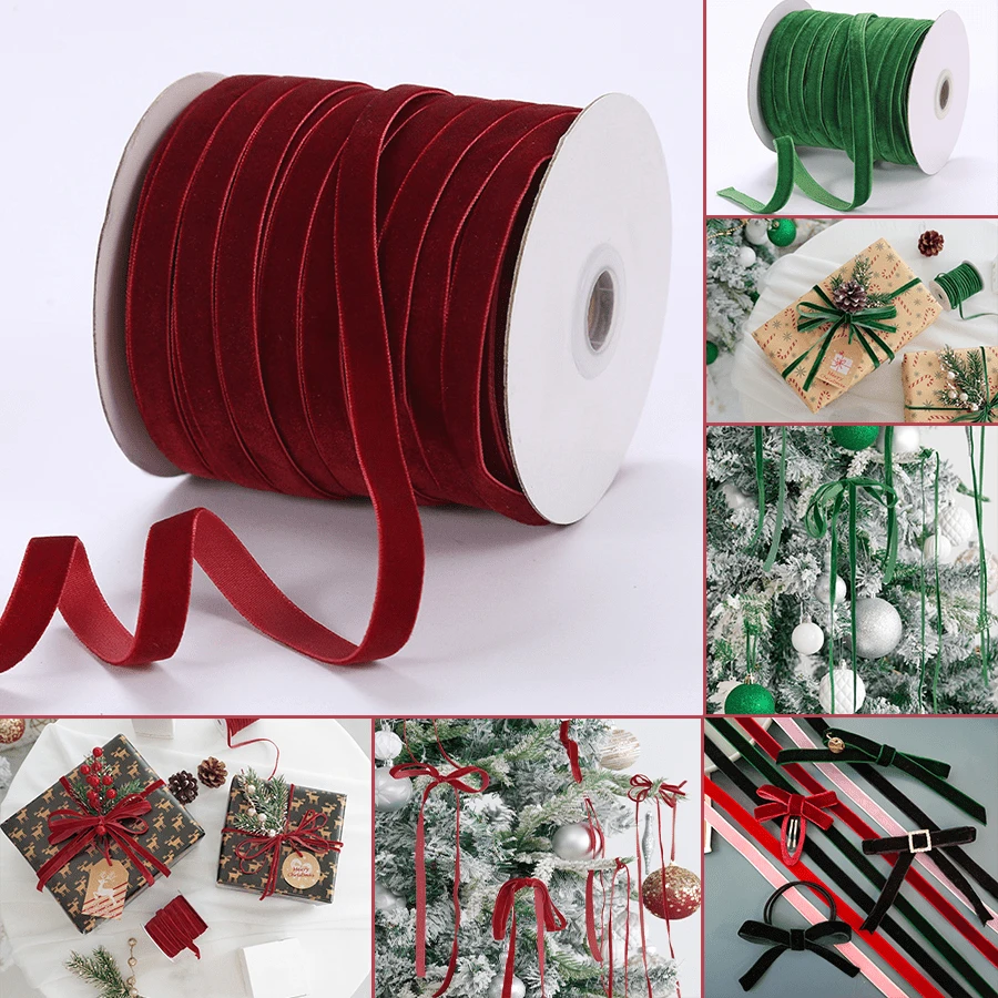 1Roll 50 Yards Burgundy Velvet Ribbon Spool,Green Velvet Ribbon Single Face Forest Green Velvet Ribbon For Christmas Tree Ornaments, Gift Wrapping, Wreath Decor, Fall Decor, Invitations, Bows, Flower Bouquet - Multicolor - View 1