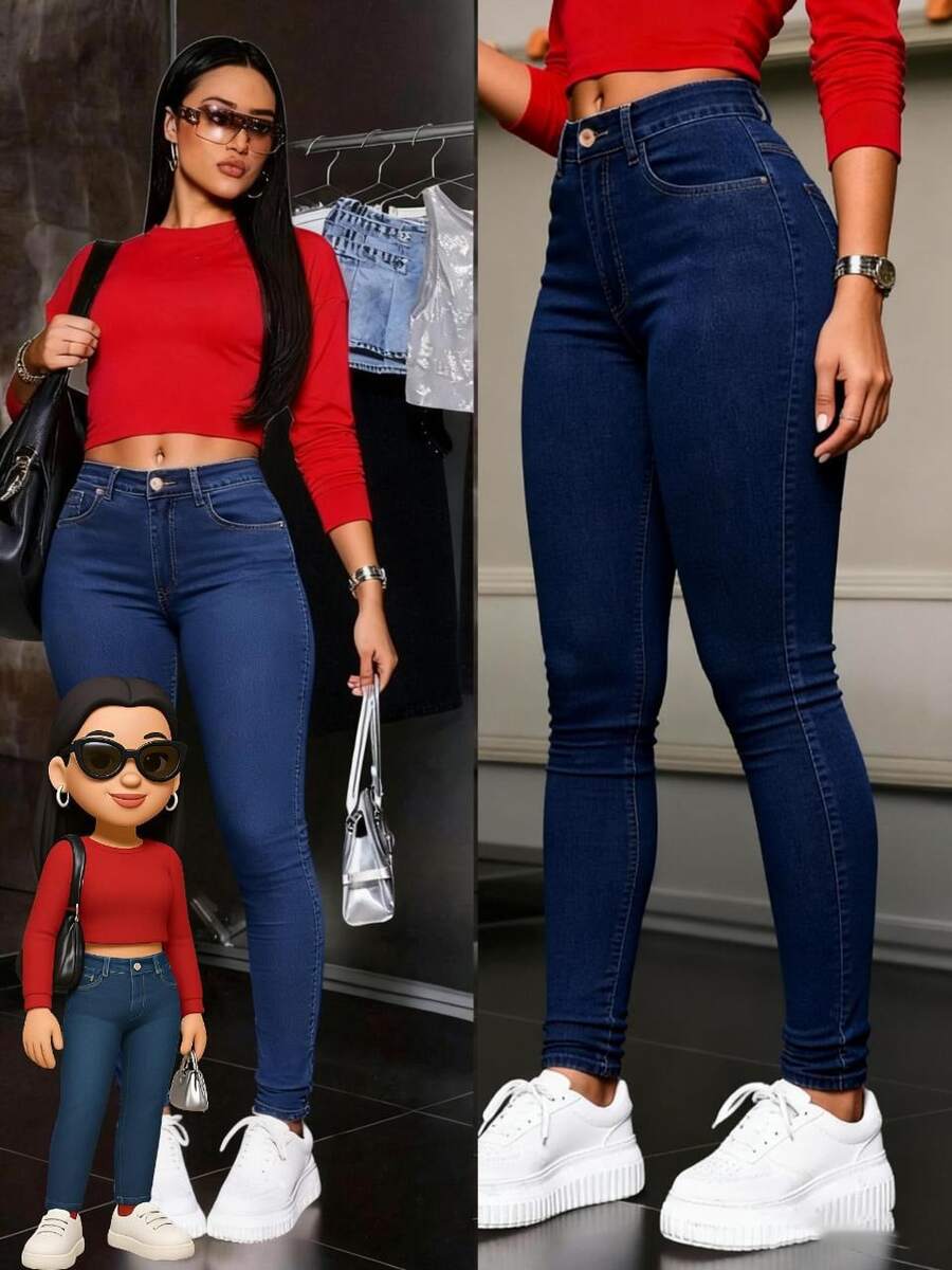 Jeans pantalon mezclilla jeans dama mujer femenino moderno juvenil casual dia noche moderno juvenil sexy trabajo tiro alto cintura alta oficina trabajo entubado skinny ajustado roturas desgastado destruido roto surprise jeans - Azul Marino - Ver 1