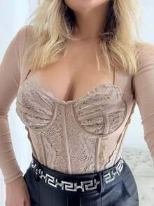 Corselete Feminino Diana Manga Longa Em Tule Moda Gringa  Noite - nude - Visão 2