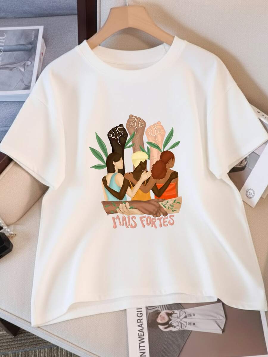 Camiseta Oversized Feminina Juntas Somos Fortes Feminista Estilosa Força Feminina 100% Algodão Promoção - Branco - Visão 1