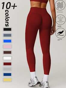 Women's Solid Color High-Waisted Sports Leggings, High-Elasticity Seamless Yoga Pants, Women's Indoor And Outdoor Sportswear, Bottoms - Đỏ - Xem 1