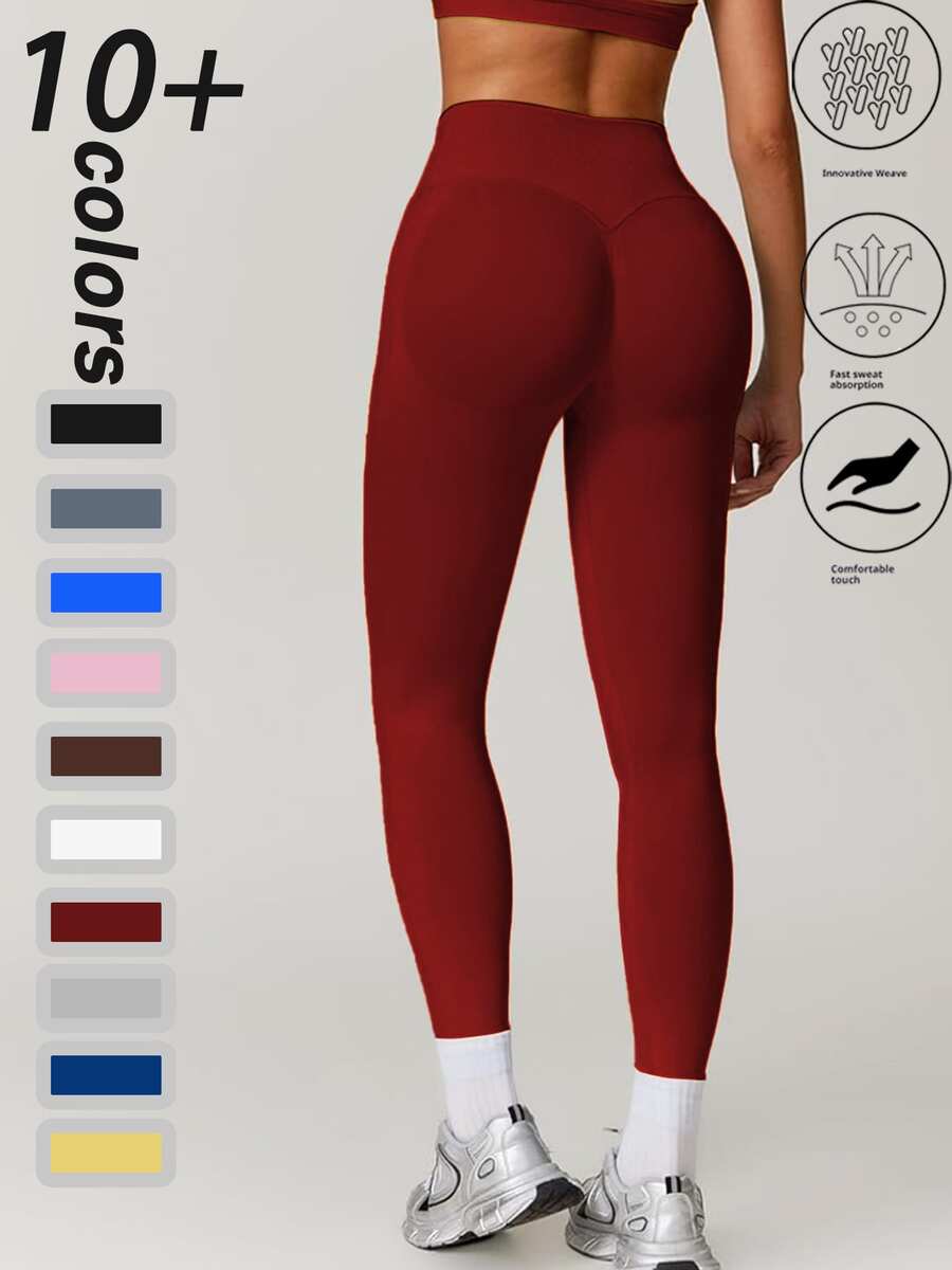 Women's Solid Color High-Waisted Sports Leggings, High-Elasticity Seamless Yoga Pants, Women's Indoor And Outdoor Sportswear, Bottoms - Đỏ - Xem 1