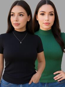 Kit Of 2 Women's Ribbed High Neck Short Sleeve Blouses - Premium Ribbed Knit - Đen và Xanh quân đội - Xem 1
