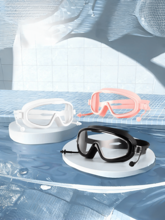1 pièce/Lunettes de natation grand modèle pour adultes, anti-buée, haute définition, monobloc avec bouchons d'oreilles en silicone, accessoires de natation
