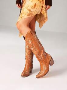 Women's Western Cowgirl Cowboy Boots, Embroidered Knee High Side Zipper, Chunky Heel Vintage Distressed Retro Style, Spring Summer Shoes Festival Gift Holiday Party Vacation Outdoor Boots - 棕色 - 查看 2