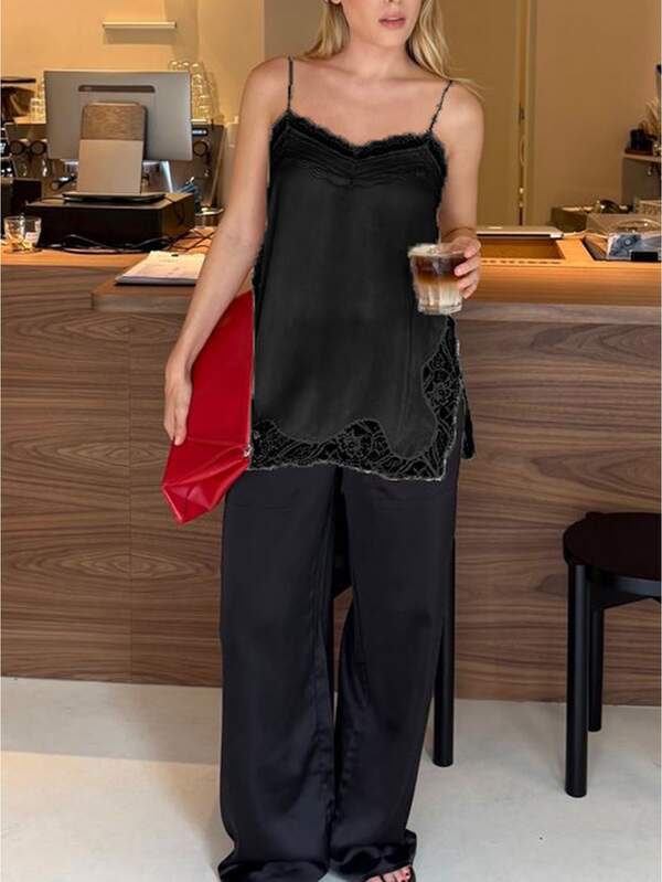 Women's Chiffon Camisole Tops Stylish Solid Color Lace Trimmed Sleeveless Spaghetti Strap Vest