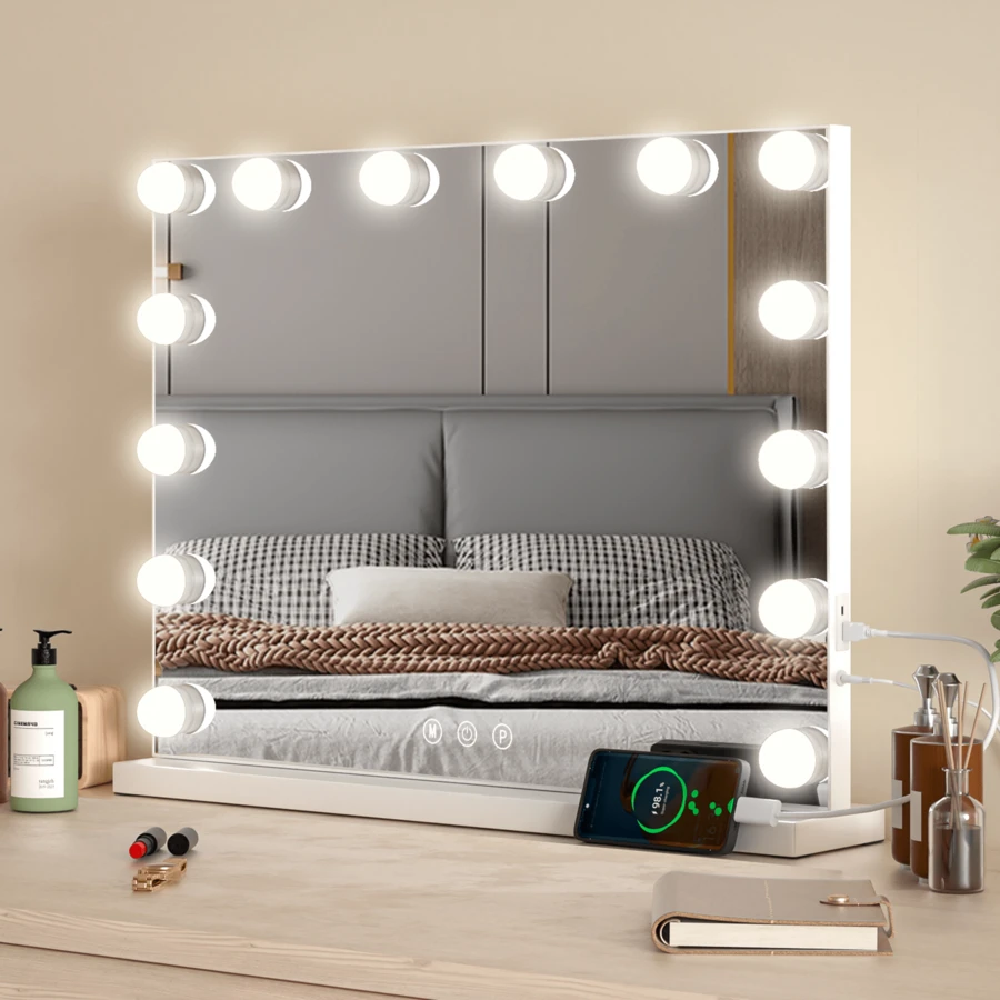 Large Mirror Vanity Make Up Mirror With 14 LED Lights Bulb Tabletop UK - White - View 1