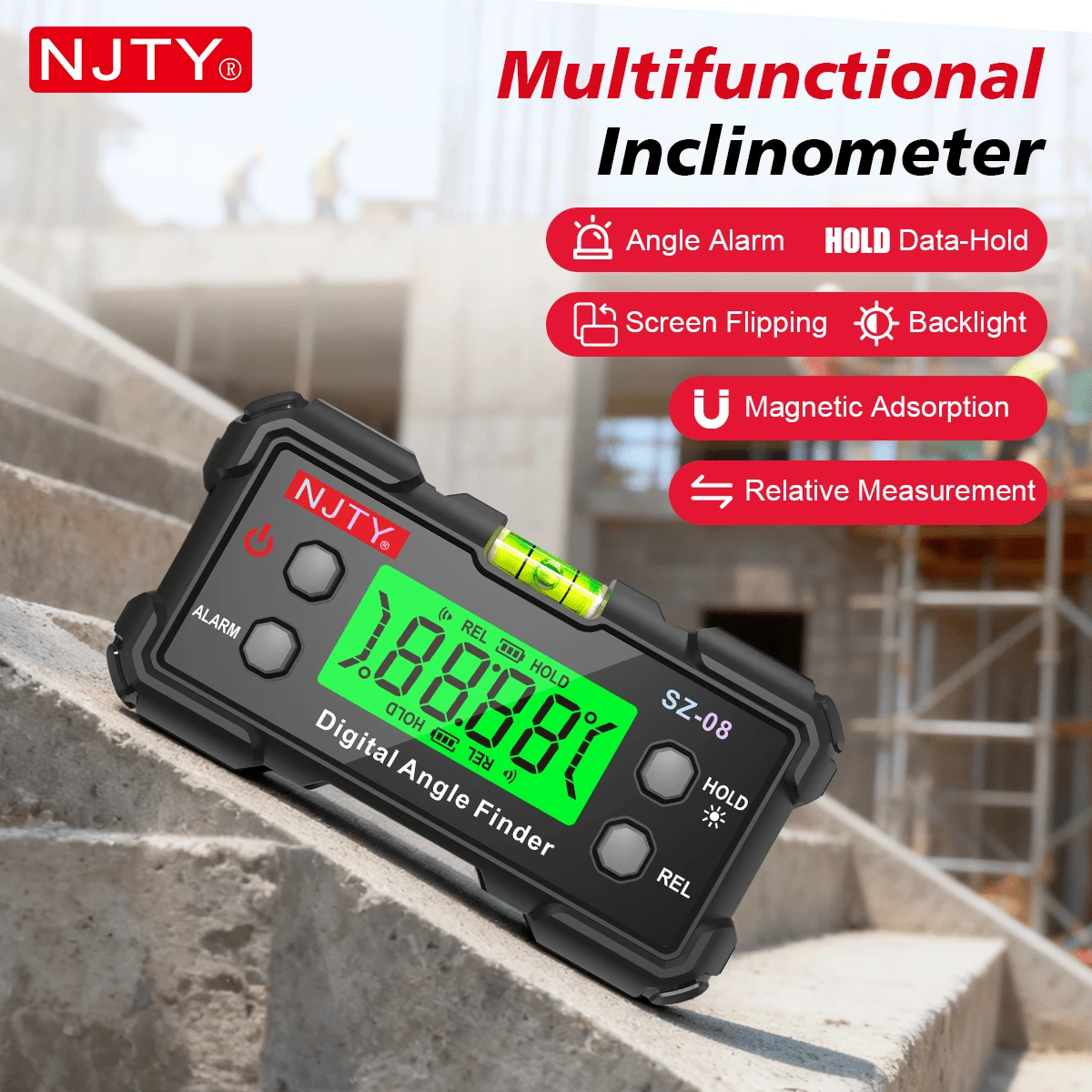 NJTY 数字量角器、数字角度计、背光液晶角度仪、水平仪、磁性底座迷你倾角仪