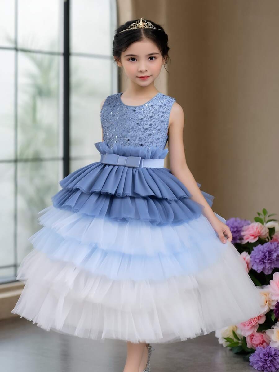 Váy công chúa cho bé gái, váy bánh kem ombre, váy cưới hoa cho bé gái dự tiệc sinh nhật, váy tay bồng sequin biểu diễn piano - Màu xanh lam - Xem 1