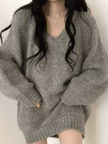 EAVA 女款冬季灰色羅紋針織 V 領標準版型休閒毛衣 - 灰色 - 查看 1
