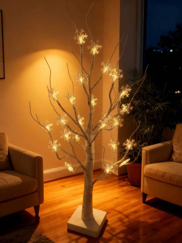 1个24头60厘米高高亮LED白色桦树灯，带USB线和3节AA电池盒，家居装饰雪花圣诞树灯，节日装饰五角星圣诞装饰，房间婚礼装饰星形树LED灯，斋月装饰树灯，房间装饰白色桦树圣诞树灯，仙女灯，露营灯