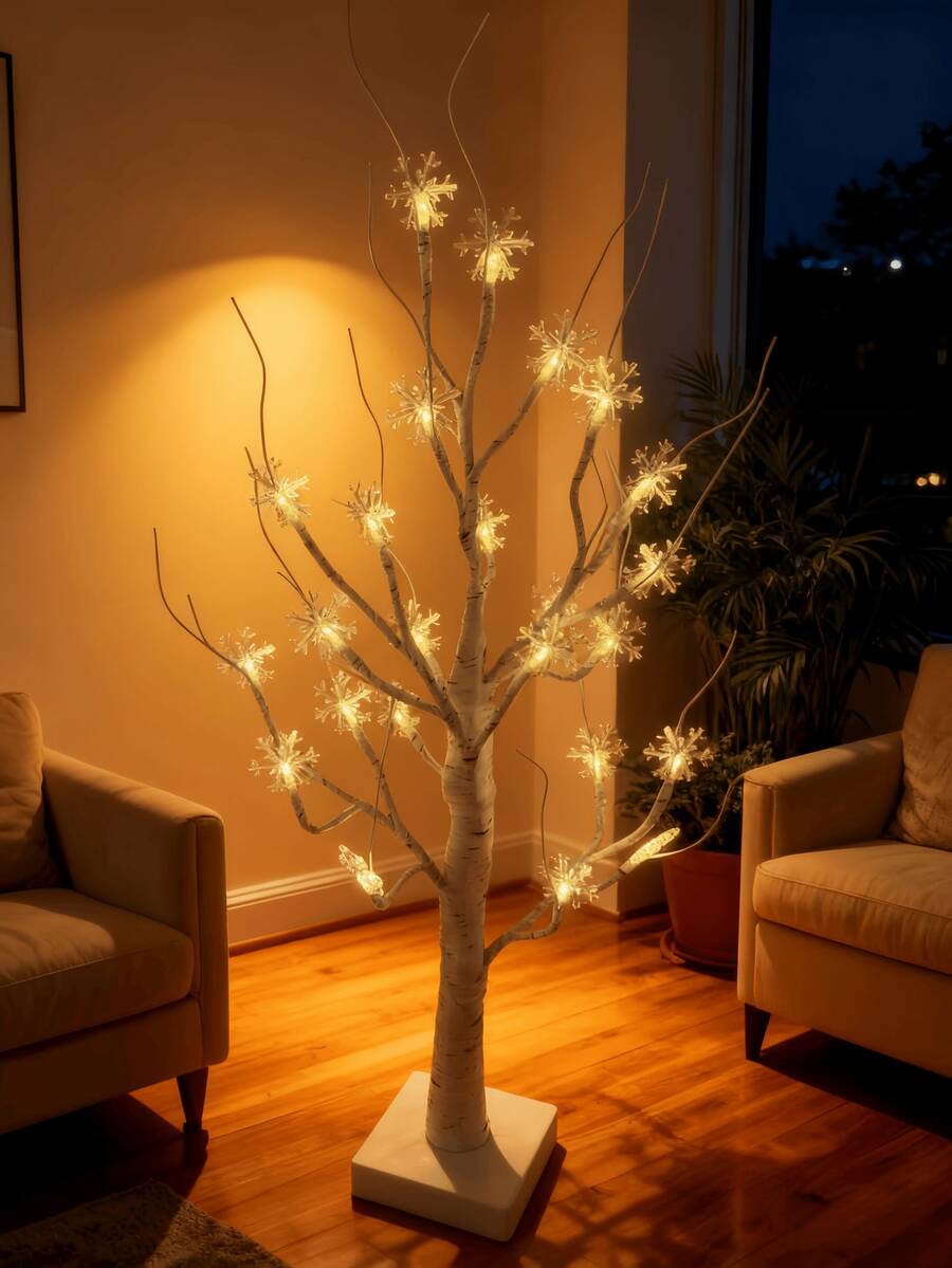 1个24头60厘米高高亮LED白色桦树灯，带USB线和3节AA电池盒，家居装饰雪花圣诞树灯，节日装饰五角星圣诞装饰，房间婚礼装饰星形树LED灯，斋月装饰树灯，房间装饰白色桦树圣诞树灯，仙女灯，露营灯 - 黃色 - 查看 1
