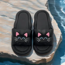 Girls' And Ladies' Popular Slippers, Versatile Cool Slippers, Summer Home Slippers, Couple's Dormitory Solid Color Simple Striped Slippers, Round Toe New Home Bathroom Anti Slip Flat Slippers, Ladies' And Boys' Black Anti Slip Universal Outdoor Wear, Indoor Home Bathroom Shower Slippers, Men's Slippers - Black Petals [Black Cat] - View 2