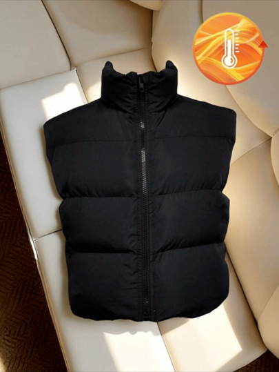 Modna damska bezrękawnik ze stójką, jednolity kolor, swobodna i uniwersalna kurtka jesienno-zimowa, odpowiednia do noszenia warstwowego lub samodzielnie, swobodna konstrukcja kamizelki ze stójką, kamizelka zapinana z przodu na zamek błyskawiczny, damska kamizelka, profesjonalna bezrękawnik damski, zapięta kamizelka, damska kamizelka z krótkim rękawem, lekka pikowana kamizelka, ciepła kamizelka, europejski i amerykański styl YK2, top na wyjście, styl retro uliczny/domowy/sportowy/uliczny/czarny top w stylu college'owym