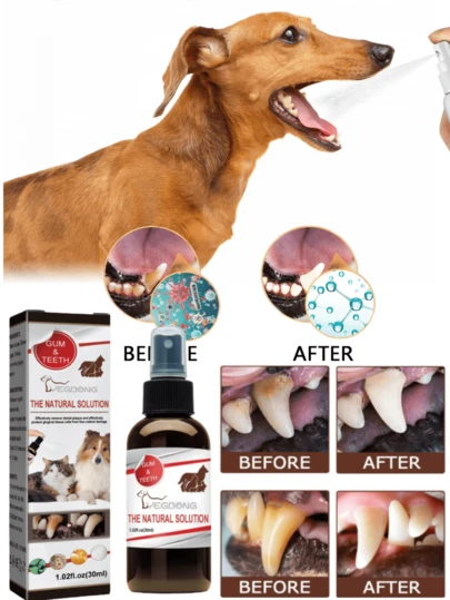 宠物牙齿清洁喷雾 - 用于去除犬猫牙垢、污渍、口臭和口腔卫生的喷雾。快速消除口臭，去除牙菌斑和牙垢，帮助宠物保持良好的牙齿健康。