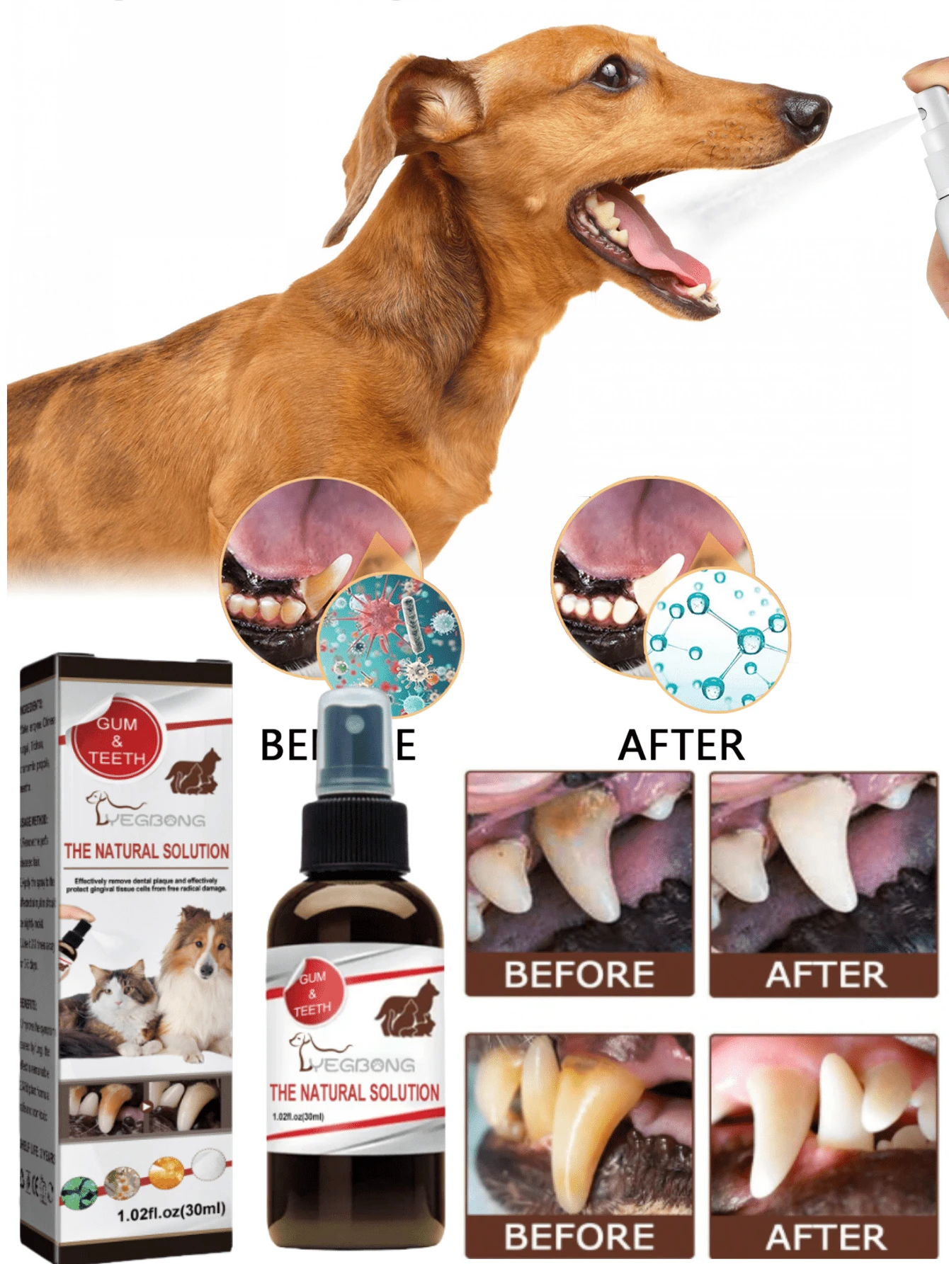 宠物牙齿清洁喷雾 - 用于去除犬猫牙垢、污渍、口臭和口腔卫生的喷雾。快速消除口臭，去除牙菌斑和牙垢，帮助宠物保持良好的牙齿健康。