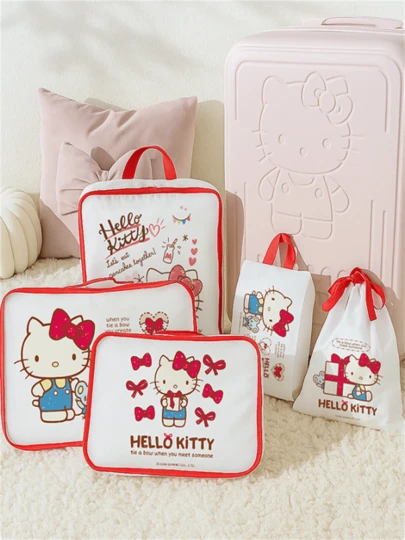  [Autorización genuina] Nuevo producto de Sanrio, Caja de almacenamiento de viaje de Katie Cat, bolsa de almacenamiento de combinación de compresión multifuncional, equipaje de viaje de corta distancia, ropa, ropa interior, zapatos, embalaje y organización, esencial para el almacenamiento a prueba de polvo y agua durante las vacaciones de invierno y los viajes