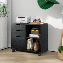 Archivador de madera de 3 cajones, archivador lateral móvil, soporte de impresora con estantes de almacenamiento abiertos para oficina en casa - Negro - Ver 8