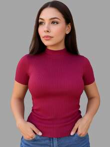 Kit Of 2 Women's Ribbed High Neck Short Sleeve Blouses - Premium Ribbed Knit - 2 Marsala - Ver 3