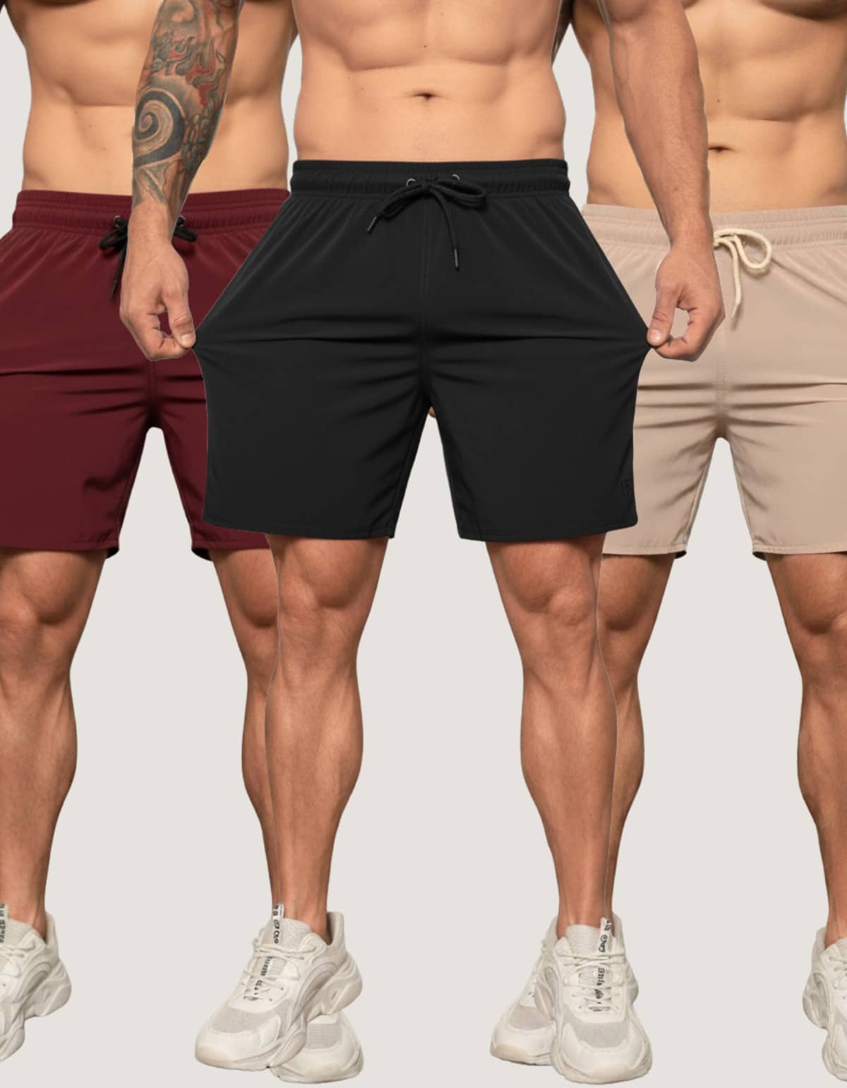 Kit 3 Shorts Elastane Mauricinho Beach Men's With Lycra Gym Running Cross Plain Basic - 黑色/米色/酒紅色 - 查看 1