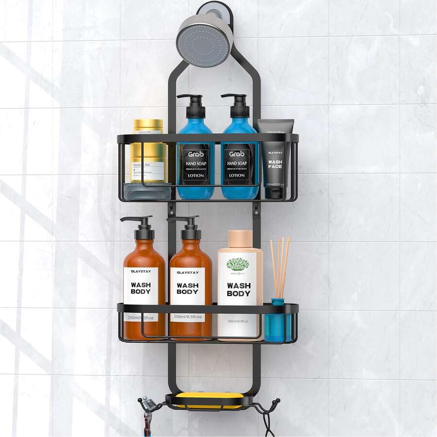 1PC Over-The-Head Shower Organizer With Hooks, Shower Caddy Hanging Bathroom Organizer, Rustproof Shower Shelf For Inside Shower - No Drilling Shower Racks Over Showerhead - Bath Shower Shelves Rack For Shampoo Soap - 圓形籃款 - 查看 1