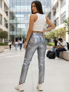 Jeans Rectos de Mezclilla para Mujer con Efecto Metalizado de Diferentes Colores y Diseños, A la Moda, Diseño Moderno. Mezclilla Gruesa de Calidad, Cómodos, Combinables. - PLATA GLI-LD-3804ST - Ver 2