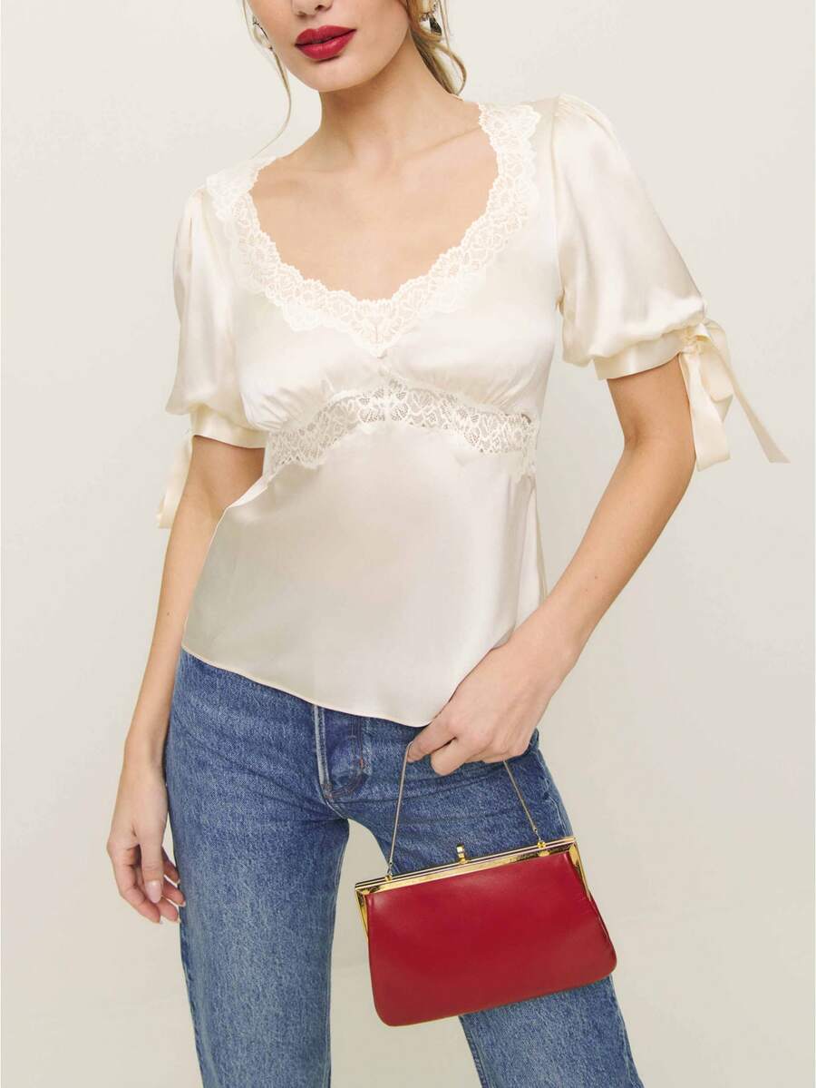 Women's Lace Patchwork V Neck Satin Blouse Drawstring Short Short Sleeve Party Blouse Going Out Shirts Tops - Rượu sâm banh - Xem 1