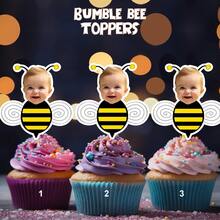个性化纸杯蛋糕装饰 - 定制人脸照片 - 定制派对装饰，可打印，定制装饰，个性化，人脸纸杯蛋糕装饰，生日贴纸，定制卡通，生日装饰，一周岁生日，蜜蜂主题生日，蜜蜂一周岁生日，装饰。 - 蜜蜂蛋糕插牌 - 查看 4