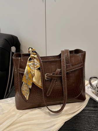 1pc, Versatile Fashion , High-Value Niche Design, Portable Shoulder Bag, Solid Color Pu Fabric Hardware With Silk Scarf Decoration, Multi-Color Optional Square Bag, Suitable For Ladies' Daily Commuting And Shopping Occasions.