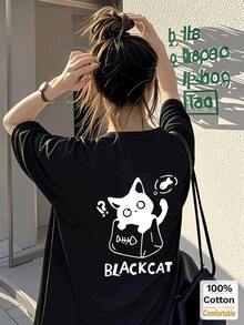 Cartoon Print Short Sleeve Mid-Length T-Shirt For Women, Stylish Graphic Tee Casual Black Summer - Black - View 1