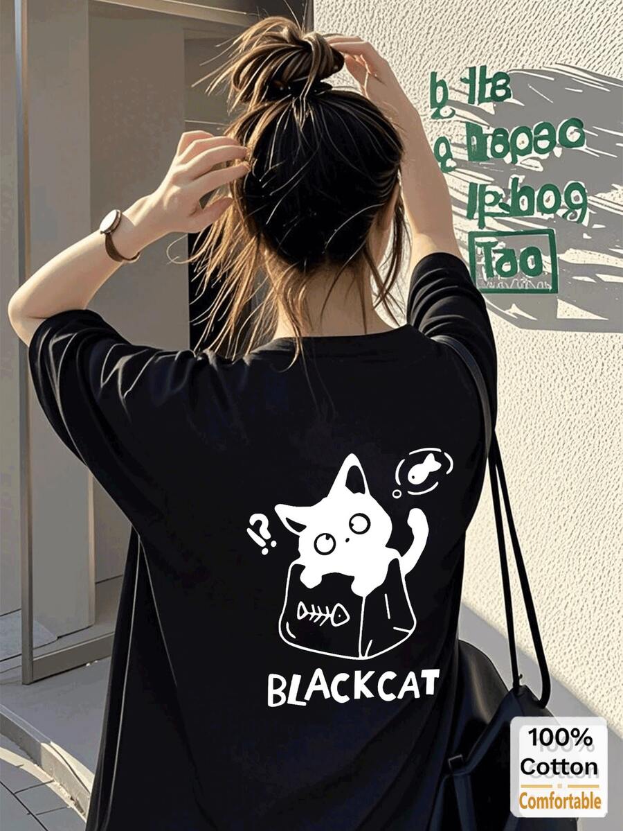 Cartoon Print Short Sleeve Mid-Length T-Shirt For Women, Stylish Graphic Tee Casual Black Summer - Black - View 1