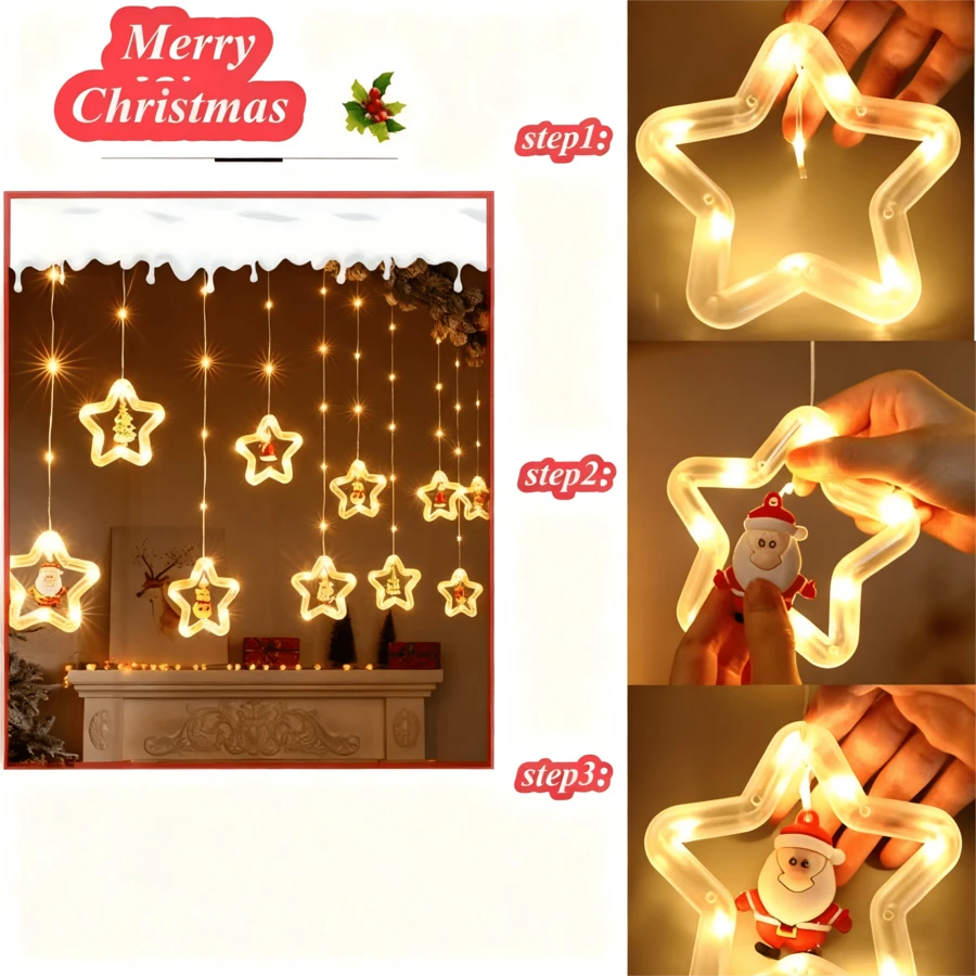 1 pieza cortina luz led de decoración navideña con diseño de estrella color cálida Cortina Luz Led Navideña Diseño Estrella Iluminación Cálida Decoración Hogar Evento - Amarillo - Ver 1