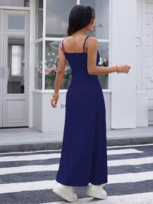 REF:AS1826 - Long Dress With Thin Straps And Front Slit: Elegance And Sensuality In The Same Look - 藏蓝色 - 查看 2