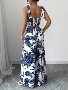 Conjunto de 2 piezas con top corto con tirantes y pantalones rectos con estampado azul y blanco bohemio, conjunto ideal para vacaciones - Azul - Ver 2