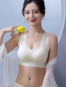 Women's Light, Breathable, Cooling Ice Silk Lace Bra With Gathered Chest And Seamless Sleep Underwear, Lingerie - Beige - View 4