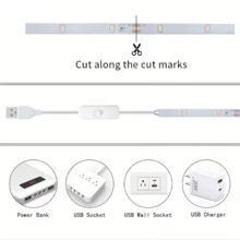 【长度可选：10米/5米/3米/2米/1米】LED柔性灯带，USB供电，带线控开关，防水，自带背胶，可裁剪设计，适用于橱柜、墙面、走廊、厨房、室内、家居DIY照明 - 白色 - 查看 9