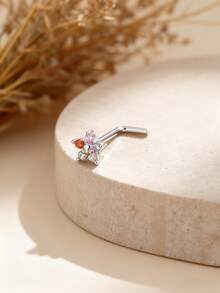 1 pieza Pendiente de nariz de acero inoxidable con flor simple y estrella de circonita cúbica - Amarillo Oro - Ver 5