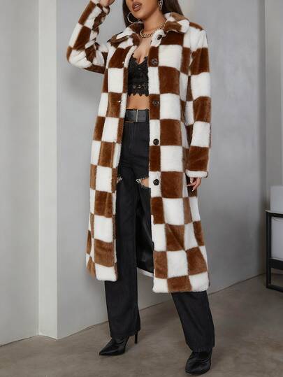 Eilly Bazar Fashionable Colorblock Houndstooth Faux Fur Jacket, Autumn/Winter