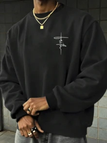 Sudadera con capucha casual para hombres, tela de punto 100% poliéster, ligeramente elástica, ajuste regular, diseño impreso de moda - Negro - Ver 1