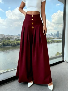 Women's Loose-Fitting Wide-Leg Pants, Solid Color, With Front Buttons And Pleats, Sizes S, M, L - Burgundy - View 2
