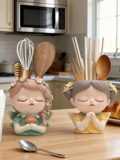 1 pezzo Supporto da cucina per utensili con personaggio cartoni animati carino, organizer multifunzionale in legno per posate con design di drenaggio, supporto da tavolo adorabile per bacchette, cucchiai, forchette, accessorio decorativo da cucina di stile, ideale per angolo colazione, cucina domestica e caffè, regalo pratico per amanti della cucina