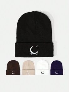 1 件刺绣月亮图案针织帽，春秋季旅行海滩休闲防晒帽，Y2K 风格青年冬季秋季帽子