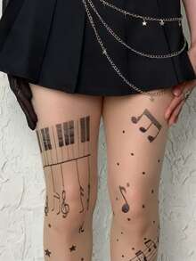 女士钢琴音符和星星 Y2K 图案连裤袜/袜子/打底裤，音乐星空图案连裤袜，复古 Y2K 印花过膝袜，怀旧塑形裤 - 杏色 - 查看 5