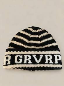 1pc Niche Striped Cuffed Letter Knit Beanie, Casual Versatile Warm Ear Protection Cold Weather Hat, Suitable For Christmas, Parties, Spring Festival, New Year And Other Holidays - Multicolor - View 12