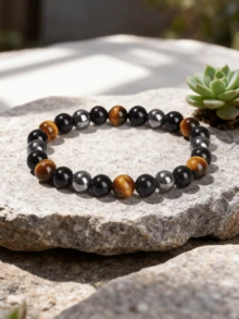 1pc 8mm Natural Tiger Eye, Obsidian, Black Agate Mixed Beads Bracelet, Healthy Energy Healing Gemstone Jewelry For Weight Management And Vitality Boost, Handmade Fashion Stackable Accessory For Men And Women - Multicolor - View 3